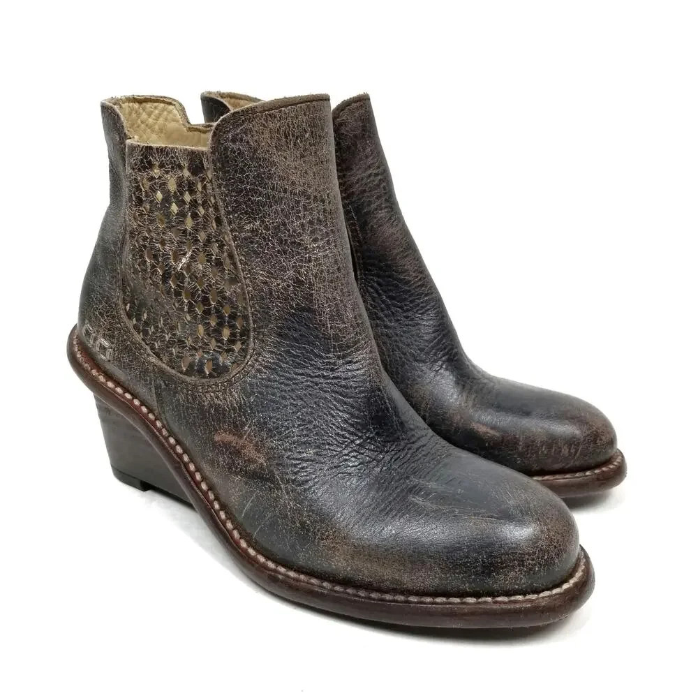 Bed Stu Countess Women's Distressed Leather Wedge Heel Ankle Boots Black Brown 6